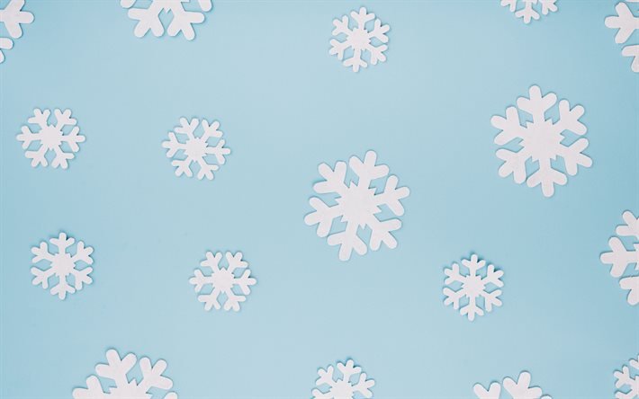 fond bleu avec des flocons de neige, fond bleu hiver, flocons de neige blancs, flocons de neige en papier