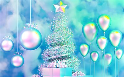 創造的なクリスマスツリー, 4k, 新年あけましておめでとうございます, 銀の風船, クリスマスツリー, クリスマスのコンセプト