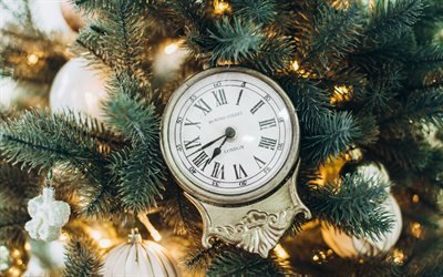 Christmas, old gold clock, new year, midnight concepts, christmas background, christmas tree