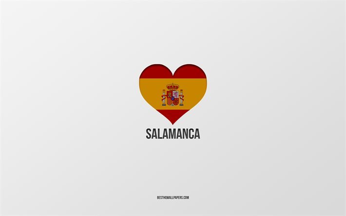 Eu amo Salamanca, cidades espanholas, fundo cinza, cora&#231;&#227;o com bandeira espanhola, Salamanca, Espanha, cidades favoritas, amo Salamanca