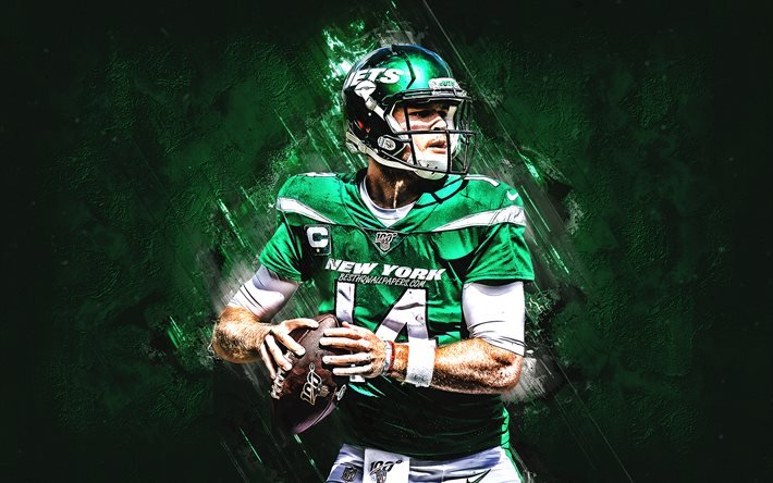 Sam Darnold, New York Jets, NFL, American football, green stone background, National Football League