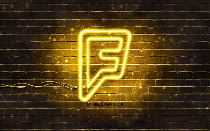 Foursquare yellow logo, 4k, yellow brickwall, Foursquare logo, social networks, Foursquare neon logo, Foursquare