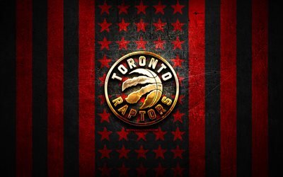 Bandeira do Toronto Raptors, NBA, fundo vermelho e preto do metal, clube americano de basquete, logotipo do Toronto Raptors, EUA, basquete, logotipo dourado, Toronto Raptors