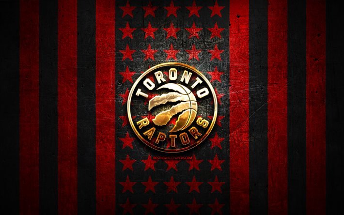 Toronto Raptors flagga, NBA, r&#246;d svart metall bakgrund, amerikansk basketklubb, Toronto Raptors logotyp, USA, basket, gyllene logotyp, Toronto Raptors