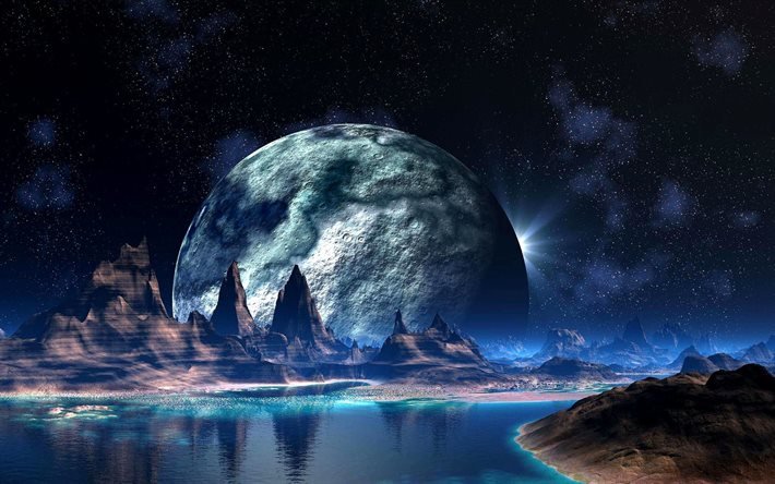 space, 4k, planet surface, planets, river, craters, mountains, galaxy, 3D art