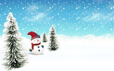winter landscape, snowman, 3D art, snowfall, xmas trees, snowdrifts, winter, Christmas