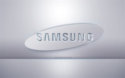 Samsung 3d beyaz logo, gri arka plan, Samsung logosu, yaratıcı 3d sanat, Samsung, 3d amblem