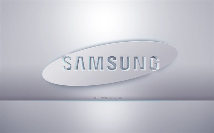 Samsung 3d beyaz logo, gri arka plan, Samsung logosu, yaratıcı 3d sanat, Samsung, 3d amblem