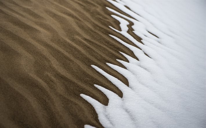 neve na areia, ondas de areia, praia, conceitos de inverno, areia molhada