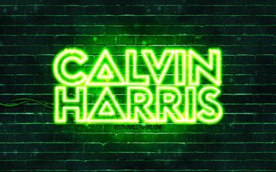 カルヴィン・ハリスの緑のロゴ, 4k, スーパースター, スコットランドのDJ, 緑のブリックウォール, カルヴィン・ハリス, アダムリチャードウィルズ, 音楽スター, Calvin Harrisネオンロゴ