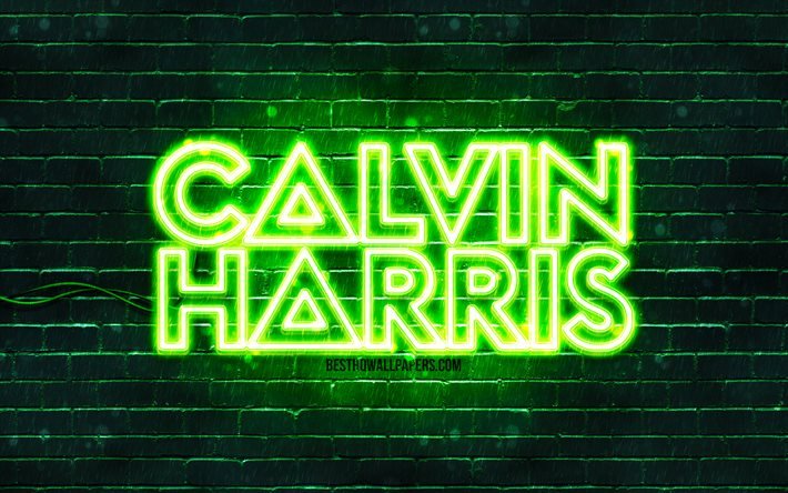 Calvin Harris green logo, 4k, superstars, scottish DJs, green brickwall, Calvin Harris logo, Adam Richard Wiles, Calvin Harris, music stars, Calvin Harris neon logo