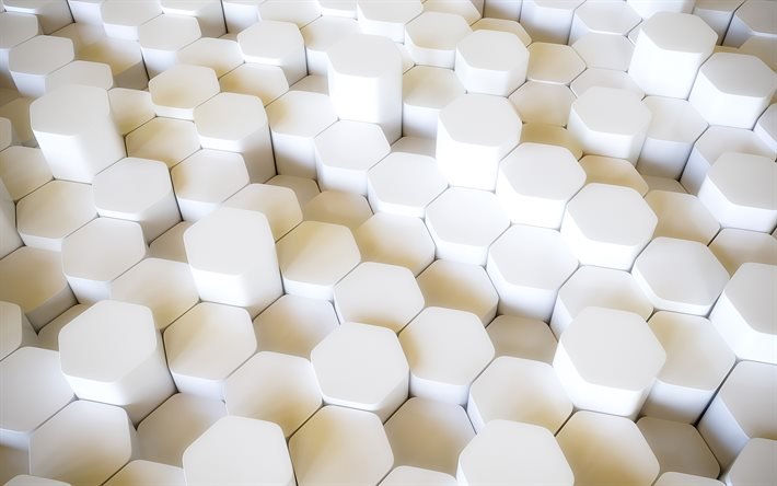 hexagones 3D blancs, 4k, texture 3D hexagones, nid d&#39;abeille, motifs d&#39;hexagones, textures hexagones, textures 3D, arri&#232;re-plans blancs