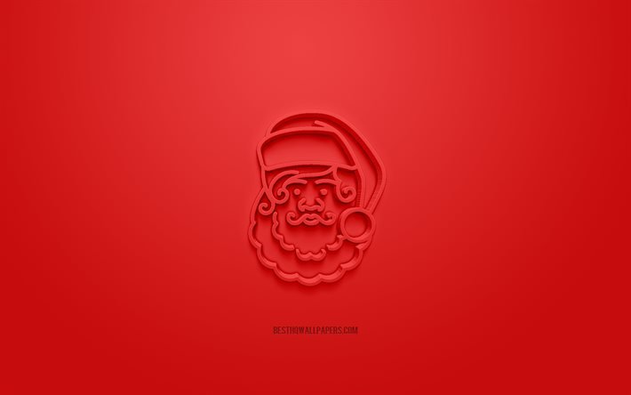 سانتا كلوز رمز 3D, خلفية حمراء, رموز ثلاثية الأبعاد, سانْتا كلُوز ; بابا نُوِيل, الفن الإبداعي 3D, أيقونات ثلاثية الأبعاد, عيد الميلاد الرموز 3D
