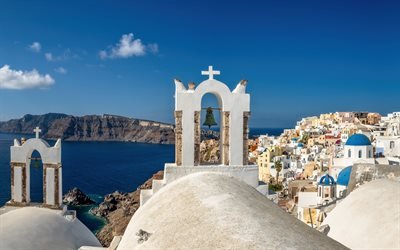 Aegean Sea, Santorini, Greek church, summer, romantic island, Oia, Greece