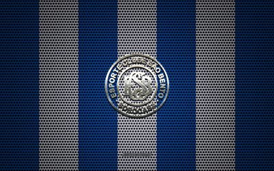 Sao Bento logo, Brazilian football club, metal emblem, blue white metal mesh background, Sao Bento, Serie B, Sorocaba, Brazil, football