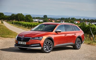 Skoda Octavia Scout, 2020, front view, exterior, red station wagon, new red Octavia Scout, Czech cars, Skoda