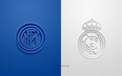 FC Internazionale vs Real Madrid, Ligue des Champions, Groupe С, logos 3D, fond blanc bleu, match de football, FC Internazionale, Real Madrid, Inter Milan vs Real Madrid