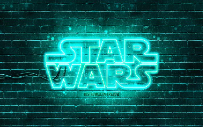Logo turchese di Star Wars, 4K, muro di mattoni turchese, logo di Star Wars, creativo, logo al neon di Star Wars, Star Wars