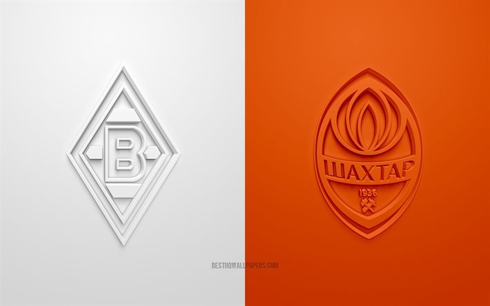 Borussia Monchengladbach vs Shakhtar Donetsk, UEFA Champions League, Groupe B, logos 3D, fond orange blanc, Ligue des Champions, match de football, Borussia Monchengladbach, FC Shakhtar Donetsk