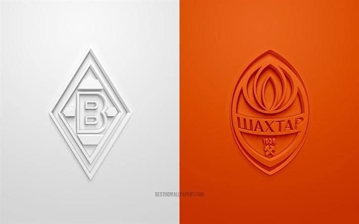 Borussia Monchengladbach - Shakhtar Donetsk, UEFA: n Mestarien liiga, B-ryhm&#228;, 3D-logot, valkoinen oranssi tausta, Mestarien liiga, jalkapallo-ottelu, Borussia Monchengladbach, FC Shakhtar Donetsk