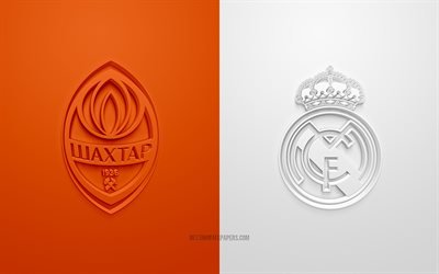 Shakhtar Donetsk vs Real Madrid, Ligue des Champions, Groupe B, logos 3D, fond blanc orange, match de football, Real Madrid, FC Shakhtar Donetsk