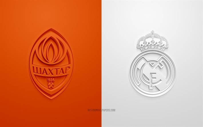 Shakhtar Donetsk - Real Madrid, UEFA: n Mestarien liiga, B-ryhm&#228;, 3D-logot, oranssi valkoinen tausta, Mestarien liiga, jalkapallo-ottelu, Real Madrid, FC Shakhtar Donetsk