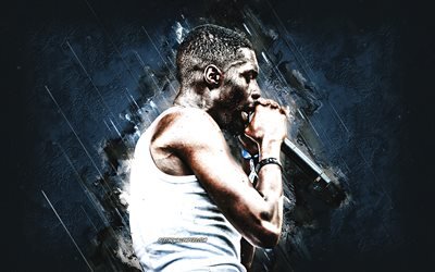 Sheck Wes, American rapper, Khadimou Rassoul Cheikh Fall, portrait, blue stone background