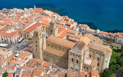Cefalu Cathedral, aerial view, top view, Mediterranean Sea, Roman Catholic basilica, Cefalu, Sicily, Italy, Cefalu cityscape