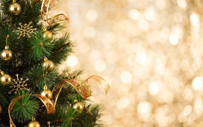 Palle di Natale d&#39;oro, Capodanno, albero di Natale, Felice Anno Nuovo, sfondo dorato di Natale