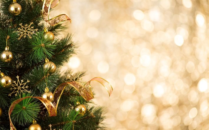 Golden Christmas balls, New Year, Christmas tree, Happy New Year, Christmas golden background