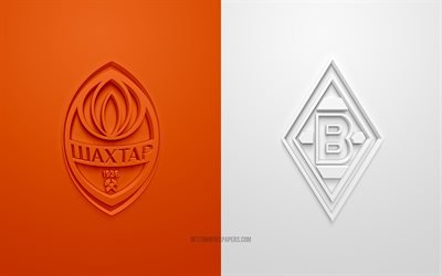 Shakhtar Donetsk vs Borussia Monchengladbach, Ligue des Champions de l'UEFA, Groupe B, logos 3D, fond blanc orange, Ligue des Champions, match de football, Shakhtar Donetsk, Borussia Monchengladbach