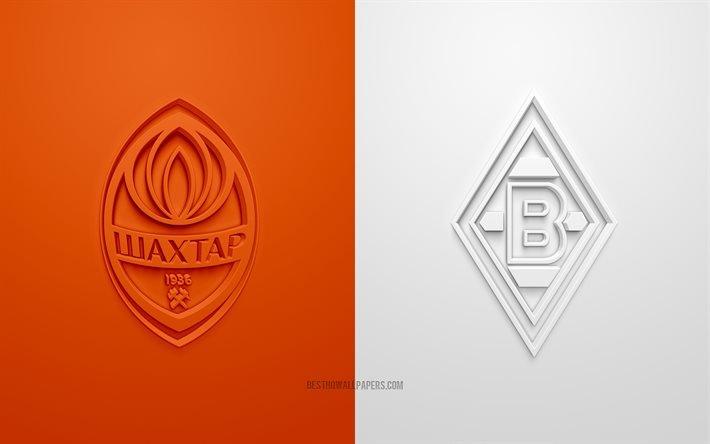Shakhtar Donetsk vs Borussia Monchengladbach, UEFA Champions League, Group B, 3D logos, orange white background, Champions League, football match, Shakhtar Donetsk, Borussia Monchengladbach