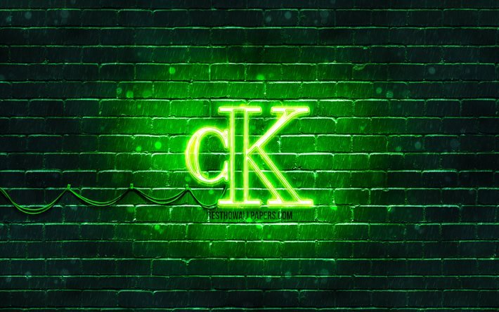 Logo verde Calvin Klein, 4k, muro di mattoni verde, logo Calvin Klein, marchi di moda, logo neon Calvin Klein, Calvin Klein