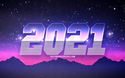 4k, 2021 neujahr, retro-stil, 2021 violette ziffern, 2021 konzepte, 2021 auf violettem hintergrund, 2021 jahresziffern, frohes neues jahr 2021