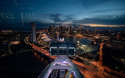 Singapore natt, soluppg&#229;ng, stadsbild, skyskrapor, Asien, Singapore panorama
