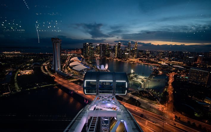 Singapore, y&#246;, auringonnousu, kaupunkikuvan, pilvenpiirt&#228;j&#228;t, Aasia, Singaporen panoraama