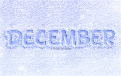 4k, December, ice letters, white background, winter, December concepts, December on ice, December month, winter months
