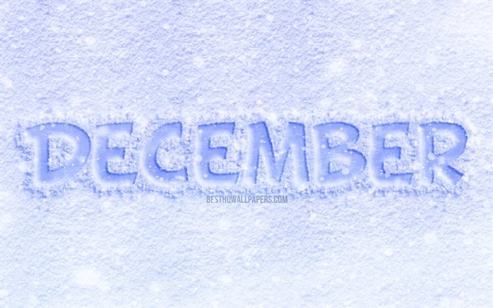 4k, December, ice letters, white background, winter, December concepts, December on ice, December month, winter months