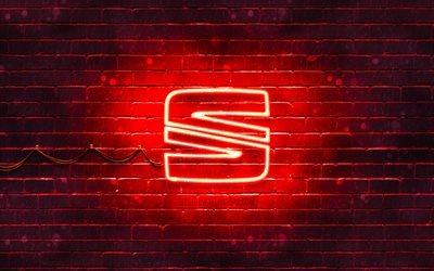 Seat red logo, 4k, red brickwall, Seat logo, cars brands, Seat neon logo, Seat