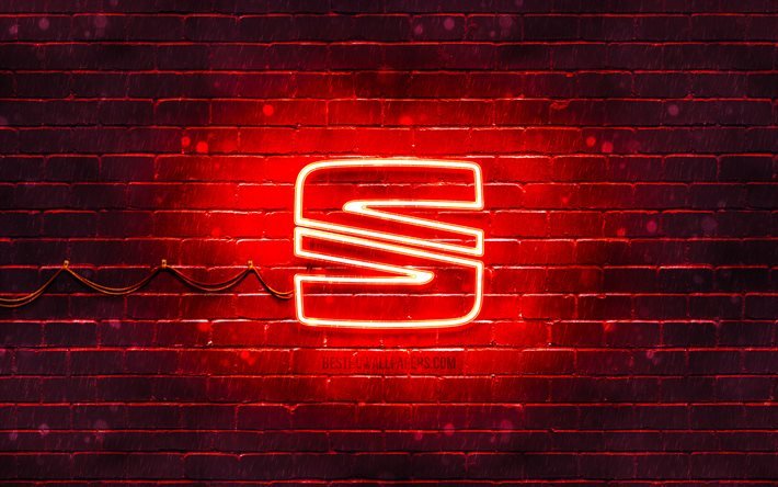 Logo rosso Seat, 4K, muro di mattoni rossi, logo Seat, marchi di automobili, logo neon Seat, Seat