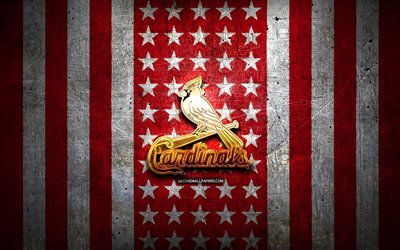 flagge der st louis cardinals, mlb, roter wei&#223;er metallhintergrund, amerikanisches baseballteam, logo der st louis cardinals, usa, baseball, st louis cardinals, goldenes logo