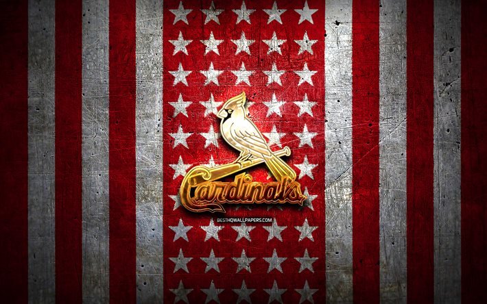 St Louis Cardinals flag, MLB, red white metal background, american baseball team, St Louis Cardinals logo, USA, baseball, St Louis Cardinals, golden logo
