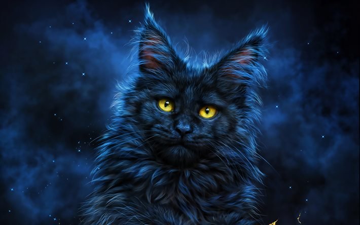 black cat, 3D art, darkness, pets, cat with yellow eyes, cats