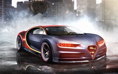 Superman car, 4k, Bugatti Chiron, art, hypercars, gray Chiron, Superman, Bugatti