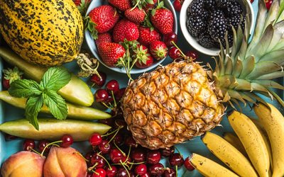 fruits, healthy food, pineapple, blackberries, strawberries, cherries, bananas, peaches