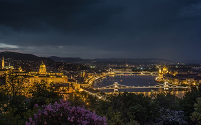 Budapest, evening, Danube, bridges, city panorama, night, city lights, Hungary