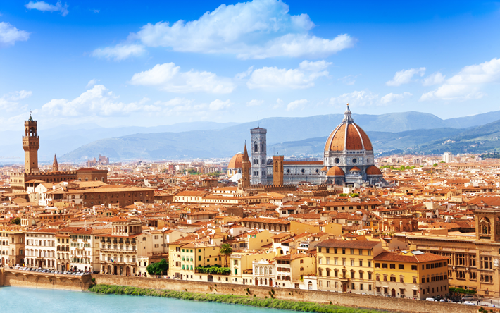 Florens, 4k, Arno, Duomo, panorama, Santa Maria del Fiore, Toscana, Italien, Europa