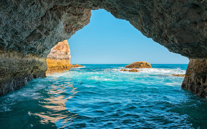 Algarve, deniz, sahil, mağara, G&#252;ney, Portekiz, dalgalar