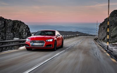 Audi S5, 2018, 4k, rojo coupe, los coches alemanes, la monta&#241;a, la serpentina, el Audi