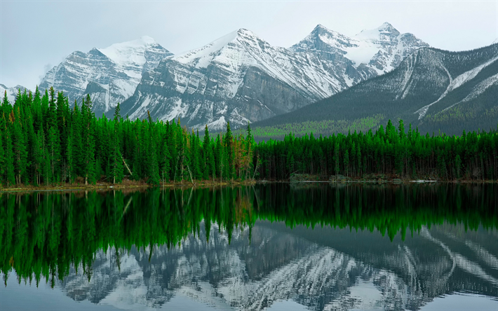 Herbert Lago, 4k, montanhas, Alberta, O Parque Nacional De Banff, Canada